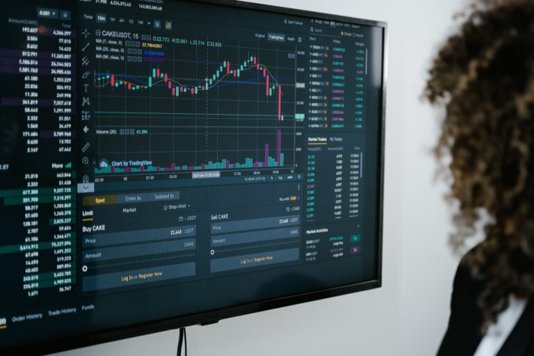 Crypto charts on a wall-mounted monitor.